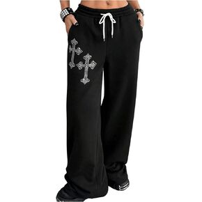 SOLY HUX Women's Y2k Baggy Pants Drawstring Waist Gothic Rhinestone Wide Leg Sweatpants