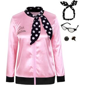 1950s Pink Lady Satin Jacket for Women's Halloween Cosplay Party Costume with Neck Scarf