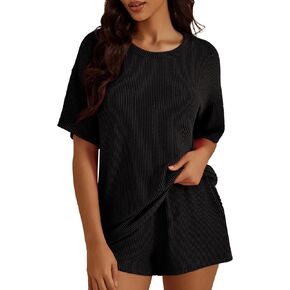 Women's Two Piece Outfits Short Sleeve Crewneck Textured Tshirts Top Matching Shorts Lounge Sets, S-XL