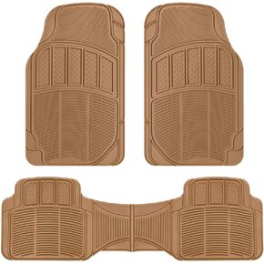 BDK 3-Piece ProLiner Heavy Duty Front & Rear Rubber Floor Mats, Universal Fit Liners for Cars SUVs Trucks Vans, All Weather Protection with Anti-Slip Nibs, Flexible Contours Fits Most Vehicles - Beige