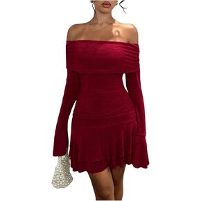 Floerns Women's Off Shoulder Long Sleeve Party Dress Ruffle Hem Tiered Bodycon Mini Dresses