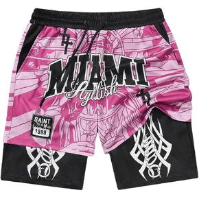 Men's 2 in 1 Basketball Shorts Tropical Graphic Drawstring Waist Workout Athletic Gym Shorts with Liner