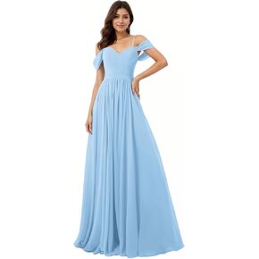 Women A-Line Ruched Off-Shoulder Floor Length Chiffon Party Prom Formal Gown Bridesmaid Dresses
