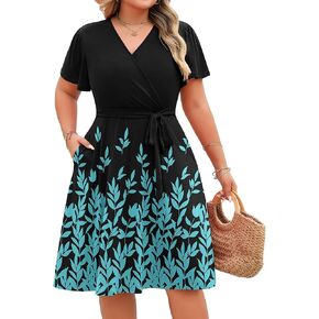 IN'VOLAND Plus Size Womens V Neck Floral Dress Casual Midi Dresses with Pockets