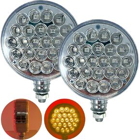2pc Clear Lens Amber/Red 48 LED Round Double Face Chrome Stud Mount Pedestal Fender Stop Turn Tail Light Truck Trailer Peterbilt Freightliner Kenworth Mack Western Star