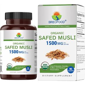 Brieofood Organic Safed Musli 1500mg, 45 Servings, Vegetarian, Gluten Free, 90 Vegetarian Tablets
