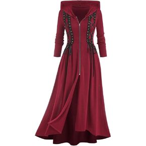 ROSE GAL Rosegal Women Plus Size Hooded Lace-up Front Zipper High Low Maxi Coat Gothic Longline Coat Overcoat Outwear