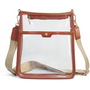 Women's Clear PVC Cross Body Bag Zipper Pocket Shoulder Bag with Vegan Leather Trim Stadium Approved Transparent Purse