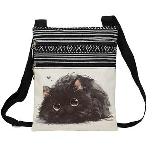 Fluffy Black Cat Messenger Bag Small Ethnic Pattern Printed Adjustable Strap Crossbody Zipper Bag Fluffy Black Cat Phone Bag Wallet Cute Shoulder Handbag for Women Friends -5