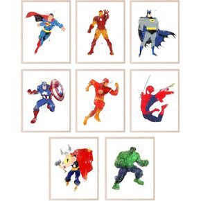 BigWig Prints Superhero Posters - Super Hero Kids Room Decor, Superhero Wall Decor, Super Hero Room Decor for Boys, Comic Book Decor for Boys Room, Superhero Wall Art - Unframed Set of 8 (8x10)