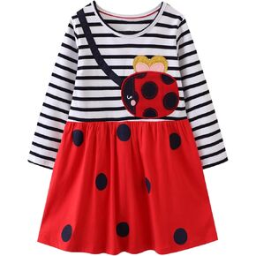 Hongshilian Girls Cotton Long Sleeve Dress Casual Cartoon Appliques Party Dresses