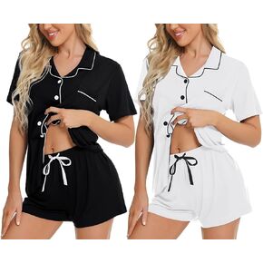 SWOMOG 2 Pack: Womens Pajama Sets Short Sleeve Sleepwear Top & Shorts Button Down Pjs Soft Loungewear Bride Lounge Sets