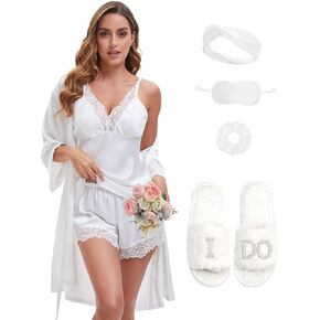 EPLAZA Women Sexy Bridal Silky Satin Pajama Sets 7 Piece Lace Camisole Shorts Lingerie Bride Robe Wedding Set with slippers
