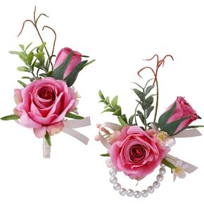 Campsis Wrist Corsage and Boutonniere Set Pink Rose Corsage Wristlet Wedding Boutonniere for Men Artificial Prom Flower for Wedding Party Decorations(2Pcs)