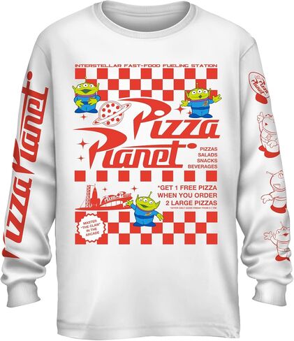 Disney Pixar Toy Story Pizza Planet Take Out Flyer Disneyland World Tee Long-Sleeve Men's Graphic T-Shirt(MD, White) in Saudi Arabia