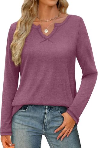Womens V Neck Long Sleeve T Shirts Casual Loose Fit Fall Tops Trendy 2024 in Saudi Arabia
