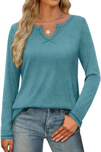 Womens V Neck Long Sleeve T Shirts Casual Loose Fit Fall Tops Trendy 2024 in Saudi Arabia