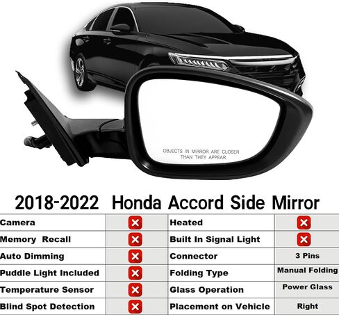 مرآة جانبية للركاب متوافقة مع هوندا أكورد LX 2018-2022، رياضية، مع زجاج كهربائي، تسخين، كشف البقع العمياء و7 دبابيس قابلة للطي يدويًا، إشارة سوداء/بدون انعطاف in Kuwait