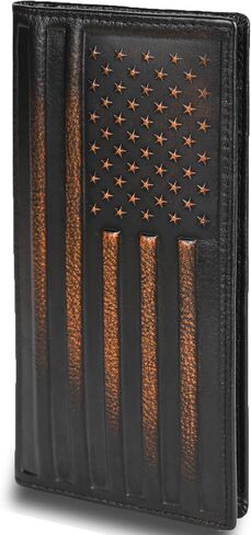 DK86 Deer Long Wallet For Men Full Grain Leather with Hand Burnished Rfid Blocking Rodeo Wallet Bifold Wallet Deer Wallet, Black and Orange in Saudi Arabia