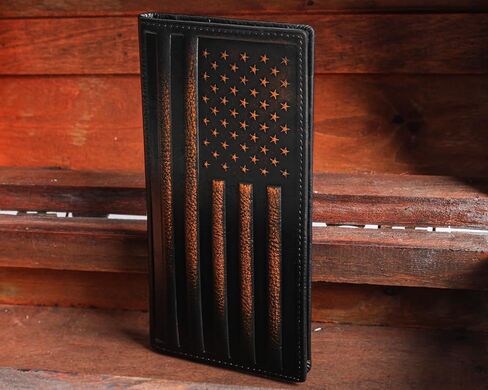 DK86 Deer Long Wallet For Men Full Grain Leather with Hand Burnished Rfid Blocking Rodeo Wallet Bifold Wallet Deer Wallet, Black and Orange in Saudi Arabia