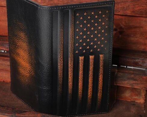 DK86 Deer Long Wallet For Men Full Grain Leather with Hand Burnished Rfid Blocking Rodeo Wallet Bifold Wallet Deer Wallet, Black and Orange in Saudi Arabia