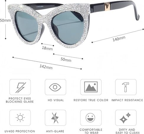 نظارات شمسية من ICARA Cat Eye بلينغ حجر الراين نظارات شمسية كلاسيكية من Cateye Diamond للنساء حماية من الأشعة فوق البنفسجية 400 in Kuwait