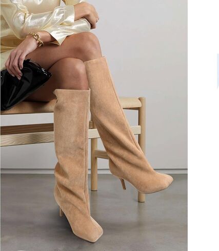 Women's Suede Leather Knee High Boots Square Toe Slip on Wide Calf Stiletto Heels Tall Booties Fashion Long Boots Ladies Green Size 8.5 in Saudi Arabia