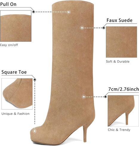Women's Suede Leather Knee High Boots Square Toe Slip on Wide Calf Stiletto Heels Tall Booties Fashion Long Boots Ladies Green Size 8.5 in Saudi Arabia