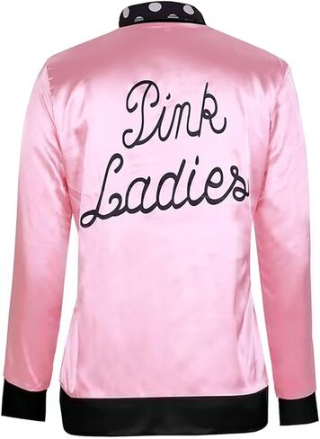 1950s Pink Lady Satin Jacket for Women's Halloween Cosplay Party Costume with Neck Scarf in Saudi Arabia
