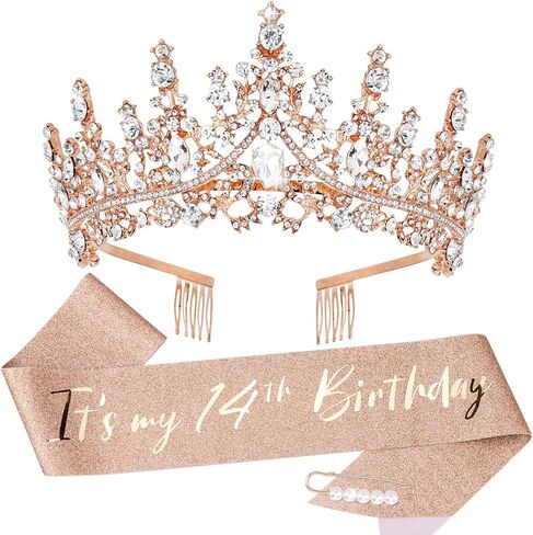 TOBATOBA 14th Birthday Decorations for Girls, Rose Gold Birthday Sash and Tiara for Girls, It's My 14th Birthday Decorations for Girls, 14 Birthday Crown Happy Birthday Gift Party Supplies for Girls in Kuwait
