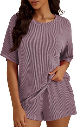Women's Two Piece Outfits Short Sleeve Crewneck Textured Tshirts Top Matching Shorts Lounge Sets, S-XL in Saudi Arabia