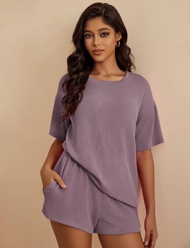 Women's Two Piece Outfits Short Sleeve Crewneck Textured Tshirts Top Matching Shorts Lounge Sets, S-XL in Saudi Arabia