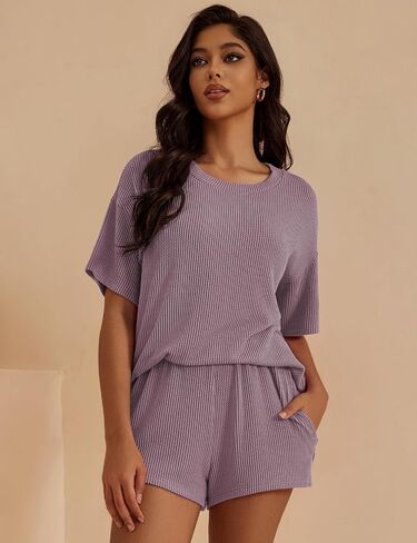 Women's Two Piece Outfits Short Sleeve Crewneck Textured Tshirts Top Matching Shorts Lounge Sets, S-XL in Saudi Arabia