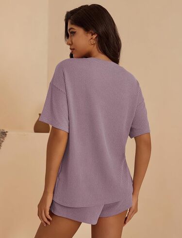 Women's Two Piece Outfits Short Sleeve Crewneck Textured Tshirts Top Matching Shorts Lounge Sets, S-XL in Saudi Arabia