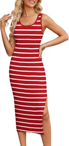 Zeagoo Women Summer Striped Knit Dress Casual Sleeveless Crewneck Bodycon Side Slit Sundress Midi Tank Ribbed Sweater Dresses in Saudi Arabia