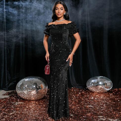 Women Sexy Sequin Off Shoulder Ruffle Short Sleeve Bodycon Mermaid Party Formal Evening Maxi Dress in Saudi Arabia