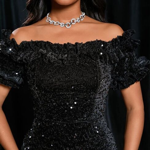 Women Sexy Sequin Off Shoulder Ruffle Short Sleeve Bodycon Mermaid Party Formal Evening Maxi Dress in Saudi Arabia