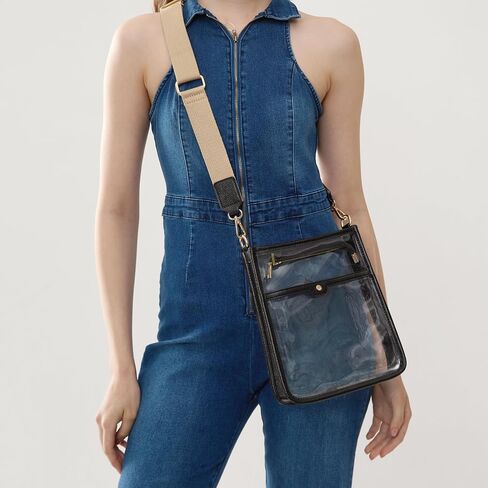 Women's Clear PVC Cross Body Bag Zipper Pocket Shoulder Bag with Vegan Leather Trim Stadium Approved Transparent Purse in Saudi Arabia