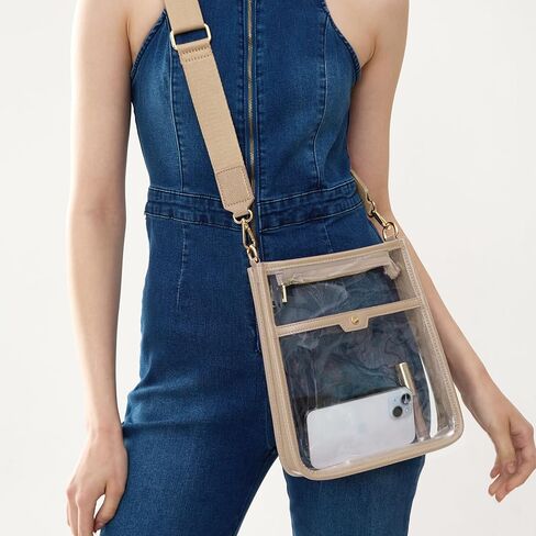 Women's Clear PVC Cross Body Bag Zipper Pocket Shoulder Bag with Vegan Leather Trim Stadium Approved Transparent Purse in Kuwait