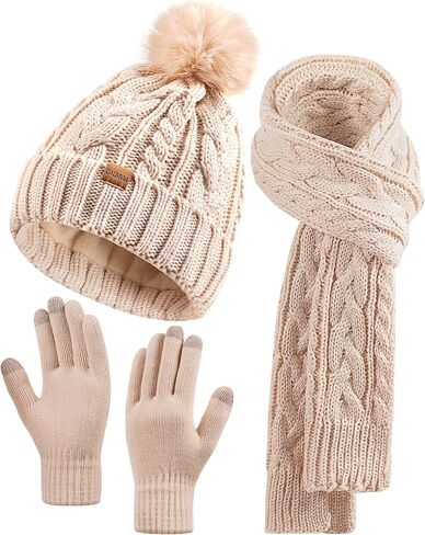 Winter Beanie Hat Scarf Gloves Set for Women, Pom Pom Fleece Lined Hat Long Knit Scarf Neck Warmer Touchscreen Gloves in Saudi Arabia