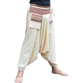 Mao Hilltribe Striped Plain Aladdin Pants Waist with Pocket Bisque Yellow L/XL