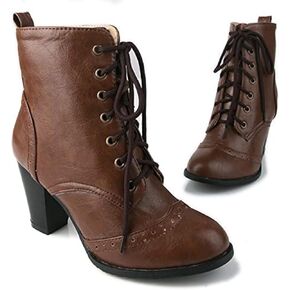 UniqueStride Women's Brogue Ankle Boots Lace Up Ankle Bootie with Chunky Block Heel Round Toe Shoes in Kuwait
