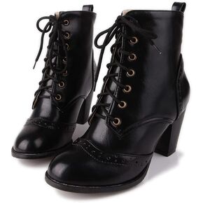 UniqueStride Women's Brogue Ankle Boots Lace Up Ankle Bootie with Chunky Block Heel Round Toe Shoes