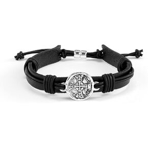 DEMDACO Round Cross Charm, Black/Silver Tone 8.5 Inch Leather/Metal Men's Everyday Fashion Bracelet
