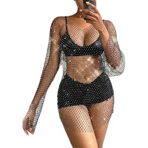 Lrady Women's Rhinestone Mesh Fishnet Bodycon Club Dress See Through Beach Swimwear Bikini Cover Up