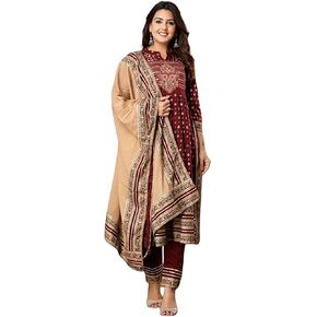 Indian Women's Rayon Hand Work Kurti/Kurta/Tunics, Pant With Tye Dye Dupatta Ready To Wear Salwar Suit Dress|Maroon