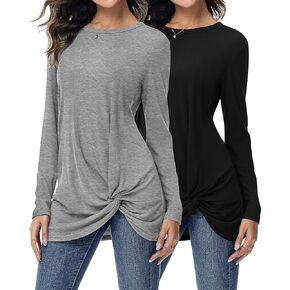 Ficerd 2 Pcs Womens Long Sleeve Shirts Casual Tops Twist Knot Tunic Tops Loose Blouses Tees