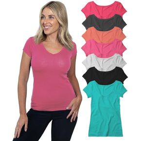 MISS POPULAR 7 Pack Vneck T-Shirts for Women, Solid Multi-Color Essential Casual Layering Shirts | S-2XL