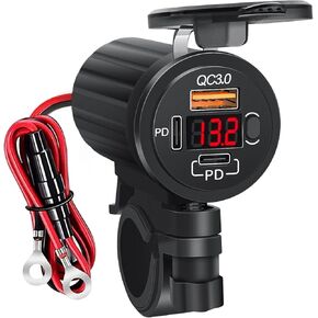 Motorcycle USB Charger Socket 3 Port USB C Outlet 78W Dual PD & QC Motorcycle Phone Charger with Voltmeter & Switch, Waterproof Motorcycle USB Outlet for Phone, Tablet, GPS, Dashcams - Blue