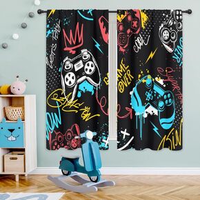 Riyidecor Neon Gaming Boys Curtains Gamer Video Games Controller Gamepad Modern Colorful Graffiti Cool Funny Rod Pocket for Kids Teens Men Bedroom Living Room Treatment Fabric 2 Panels 42Wx63H Inch